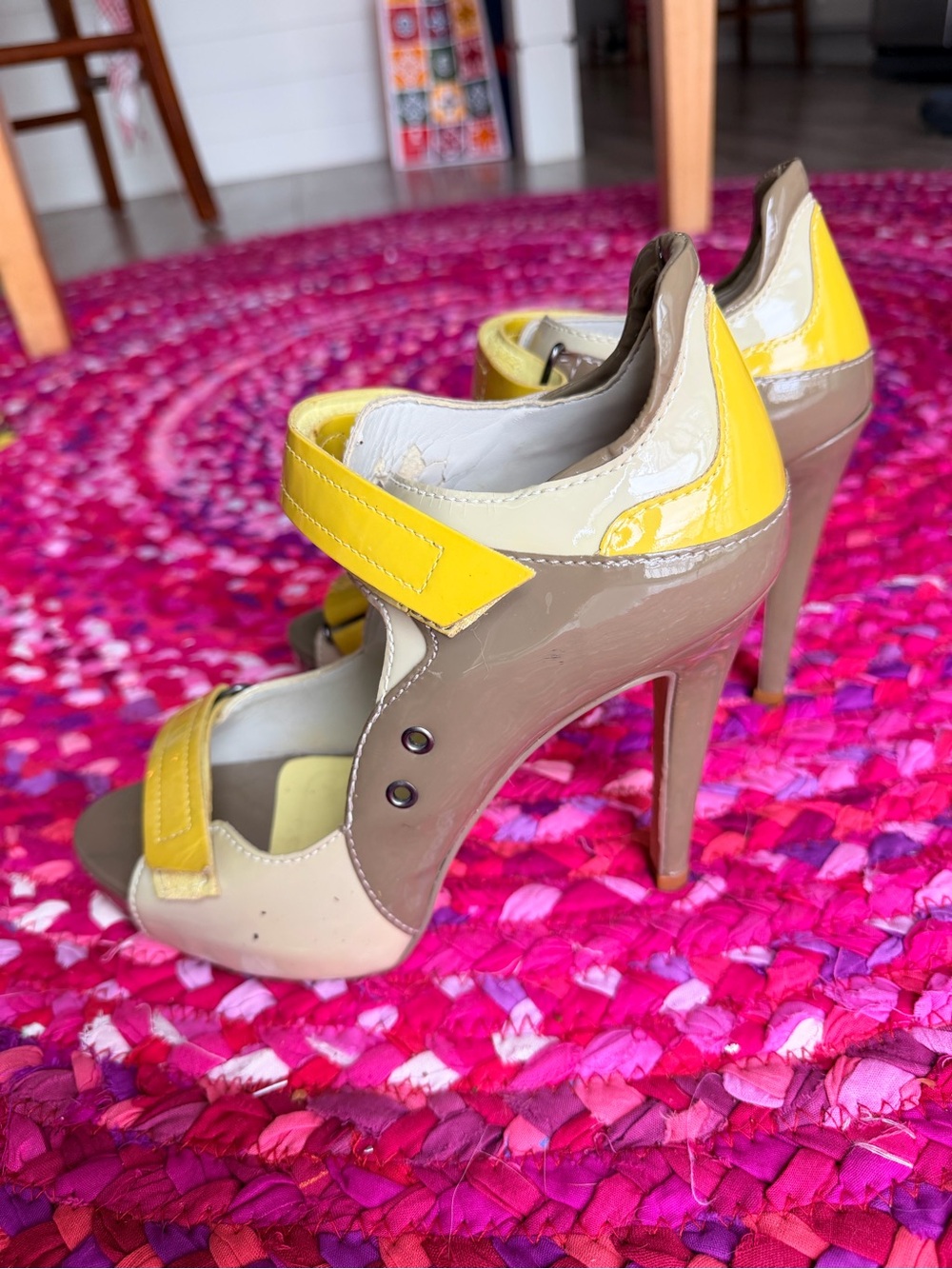 Aldo Two-Tone Patent Leather Mary Jane Heels in Yellow & Taupe